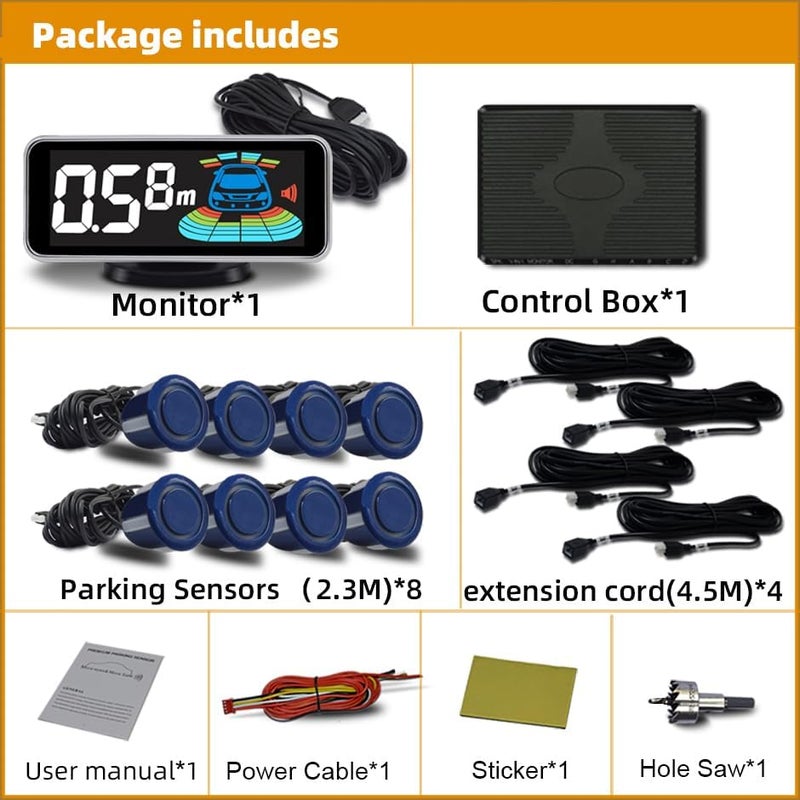 ELSNU Car Parking Sensors Kit Reverse Radar parktronic System Auto Electronics Vehicle Back Assistant Reverse 8 Sensor (Dark Blue) - Image 2